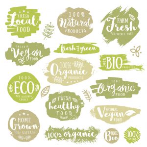 Green, eco, organic, vegan, natural, farm fresh, food, healthy labels